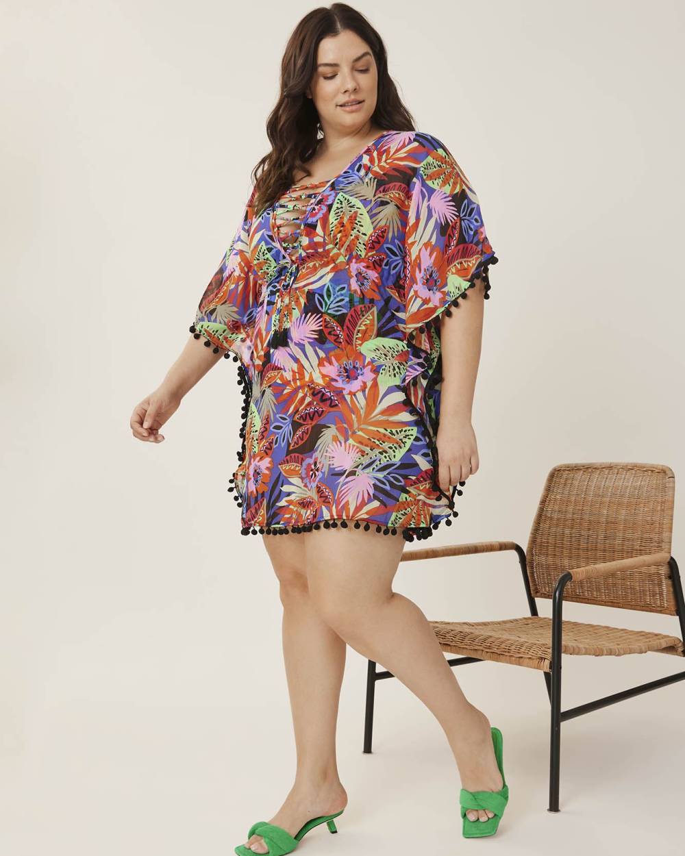 TropicalPrint Chiffon Caftan Swim CoverUp Bleu Rod Beattie