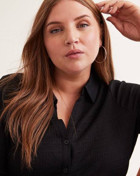 Black Textured Knit Buttoned Down Shirt