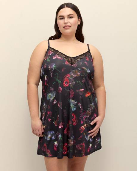 Floral Satin Nighty with Lace and Built-In Bra - Déesse Collection