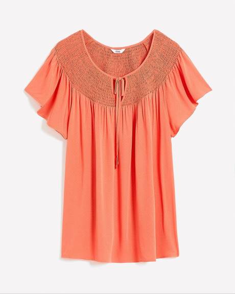 Short Sleeve Blouse with Smocked Neckline