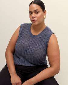 Sleeveless Cotton Sweater with Crochet Ribbed Bands