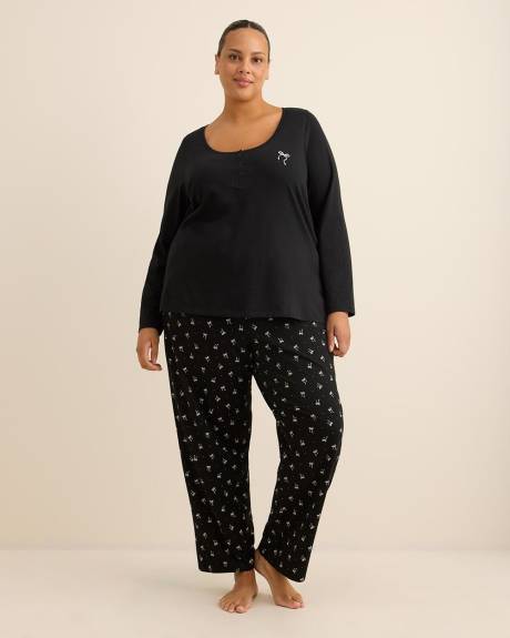 Black Bow-Print Cotton Knit Pyjama Pant - ti Voglio