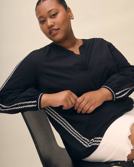 Long-Sleeve Split-Neck Blouse with Embroidery Detail
