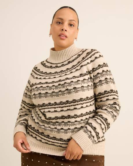 Pull marron à col montant avec motif Fair Isle