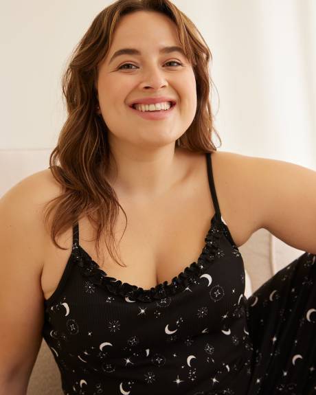 Camisole côtelée noire à motif de lunes avec encolure festonnée - ti Voglio