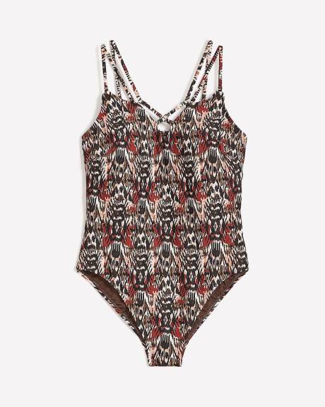 Printed One-Piece Bathing Suit with Strapping Front Detail