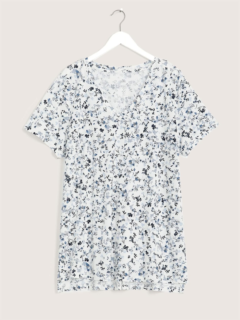 T-shirt long imprimé en mélange de lin avec encolure en V