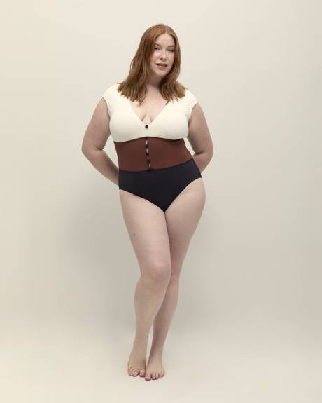 Cap-Sleeve Colourblock One-Piece Swim Suit - Bleu by Rod Beattie