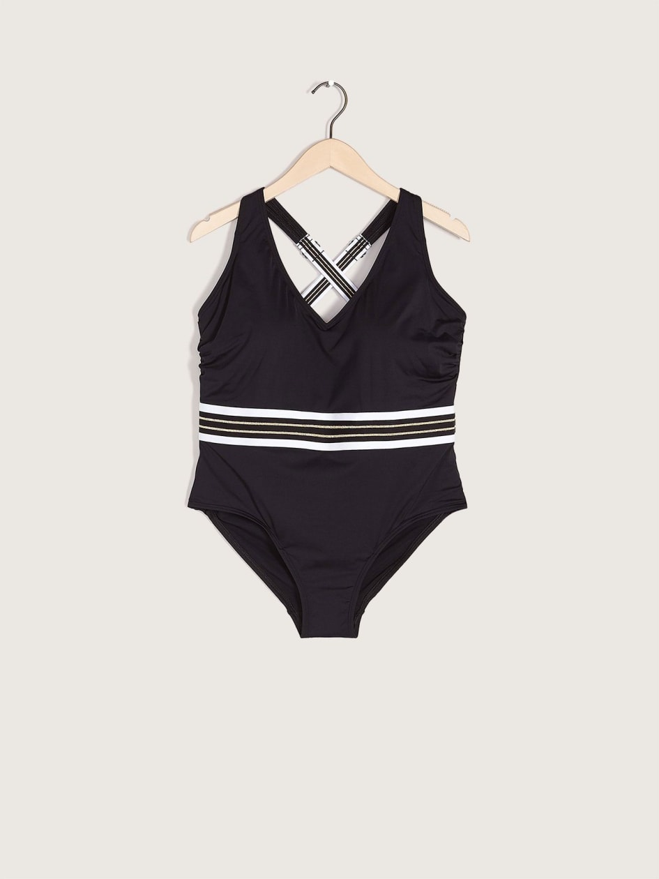 One-Piece Swimsuit with Striped Elastic Waistband - Addition Elle