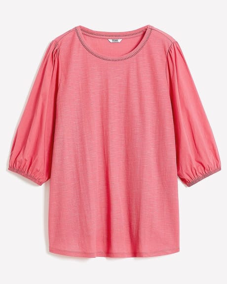 Crew-Neck Knit Top with Puffy-Sleeves