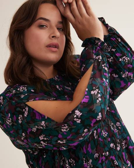 Blouse plissée noire fleurie, coupe trapèze, tissu responsable