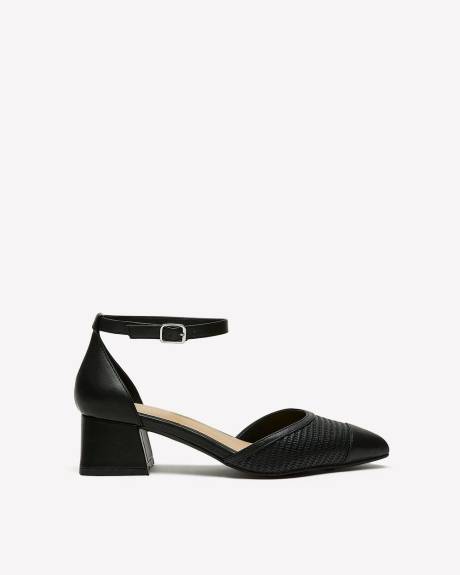 Extra Wide Width, Black Pointed Toe Ankle Strap Block Heel Shoe
