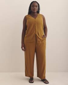 Linen-Blend Wide-Leg Crop Pant with Drawstring at Waistband