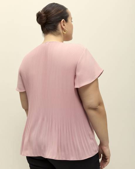 Responsible, Pleated V-Neck Blouse with Short Flutter Sleeves