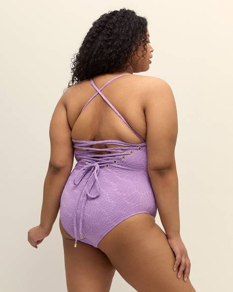 Textured Lavender Square Neck One-Piece Swimsuit
