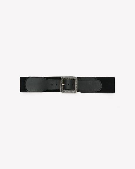 Black Elastic Belt with Rhinestone Square Buckle