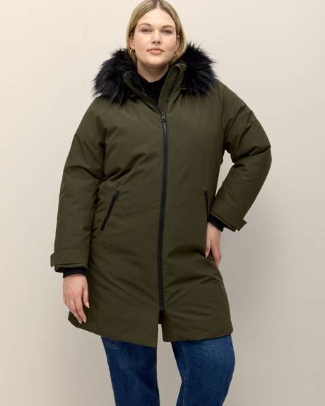 Knee-Length Parka with Removable Faux-Fur Hood
