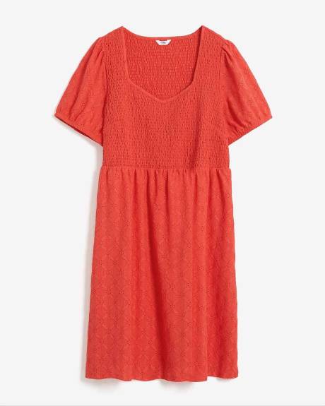 Eyelet Knit Dress with Short Balloon Sleeves