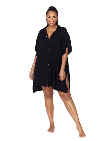 Black Vacay Buttoned-Down Cover-Up Shirt - Raisins Curve