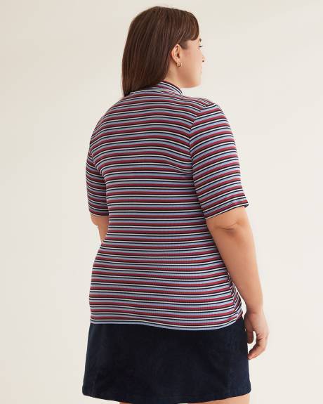 Ribbed Striped Elbow-Sleeve Fitted Knit Top