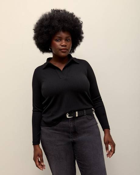 Ribbed Long-Sleeve Polo Knit Top - Addition Elle