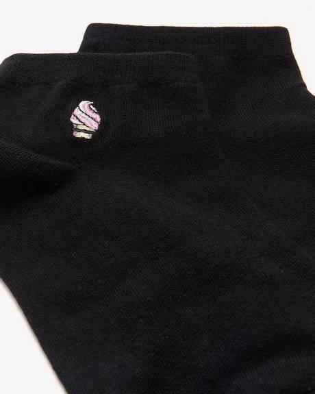 Black Ankle Socks with Ice Cream Print