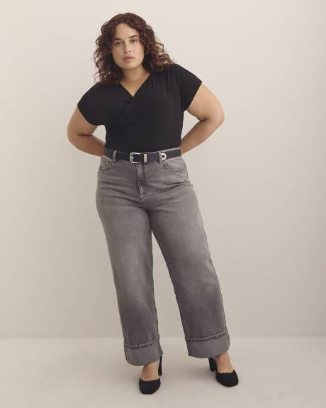 Overlap-Front Knit Top with Shirring at Side