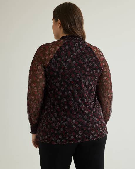 Floral Mesh Knit Top with Smocking Mock Neckline