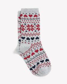 Grey Crew Socks with Heart Fairisle Print