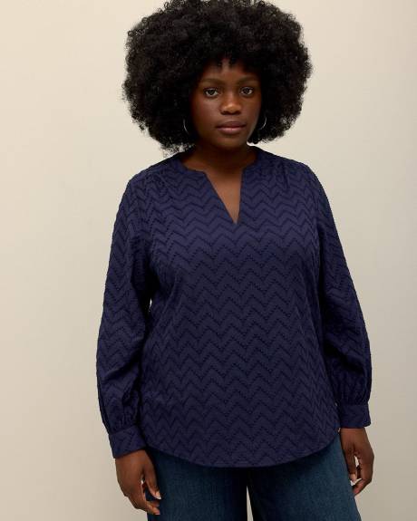 Embroidered A-Line Split-Neck Blouse