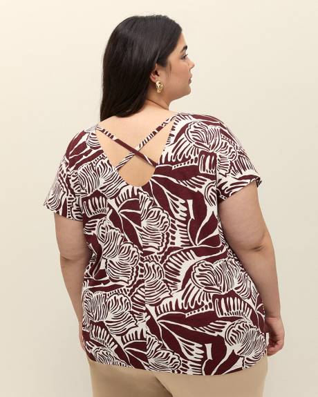 Foliage-Print Extended-Sleeve Top with Crisscross Back