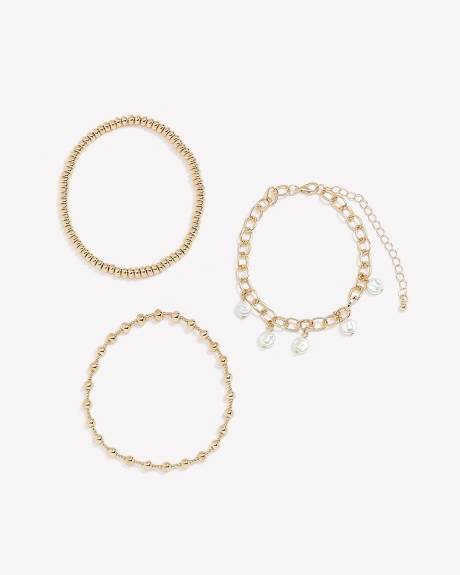 Mixed Golden Bracelets with Pearl Charms, Set of 3