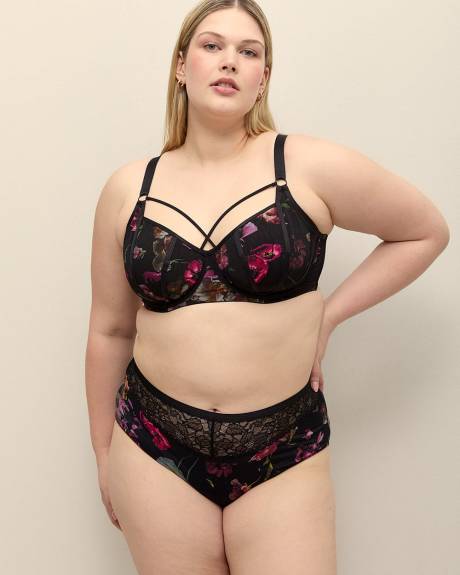 Soutien-gorge balconnet noir fleuri avec lanières - Déesse Collection