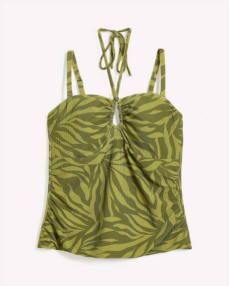 Haut tankini vert froncé style bandeau à motif de feuillage