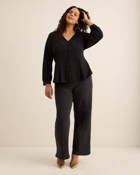 Long-Sleeve Flared Pleated Satin Blouse