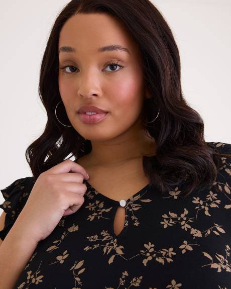 V-Neck Knit Top with Short Flutter Sleeves