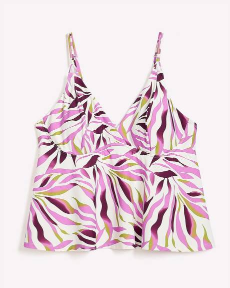 White Plunge Tankini Top with Purple Foliage Print