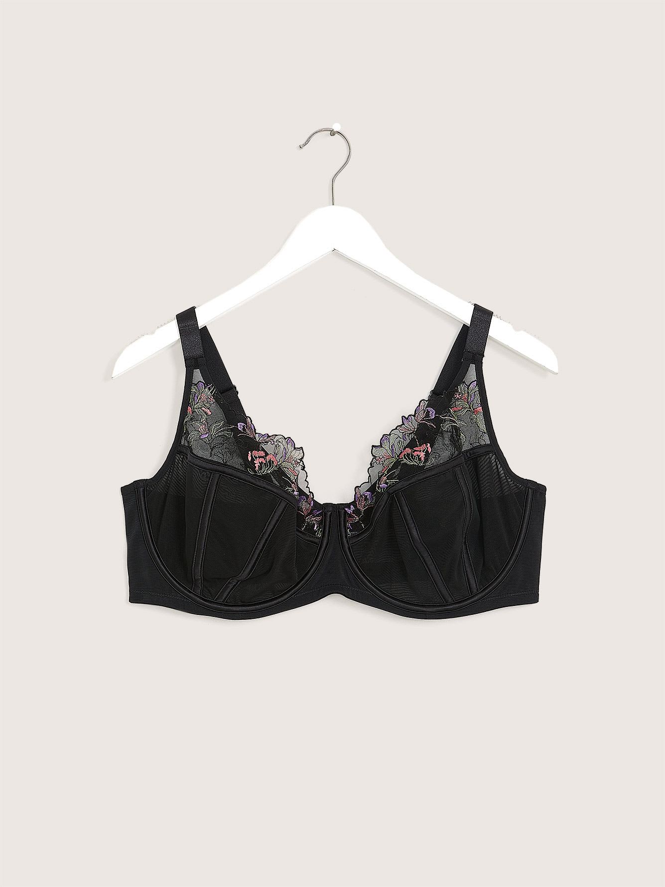 Deesse Black / Pink Plus Size Floral lace baconette bra ($75) ❤ liked on  Polyvore featuring intimates, bras, black, plus size…