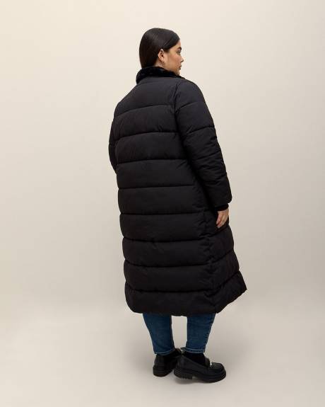 Manteau d'hiver noir matelassé long, tissu responsable