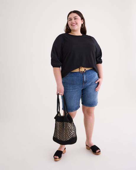 Crew-Neck Knit Top with Puffy-Sleeves