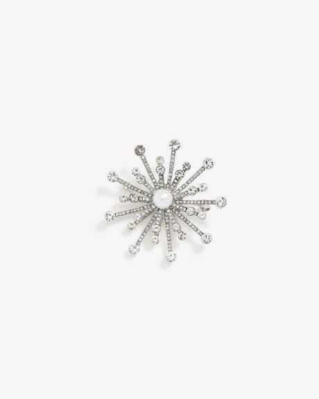Broche argentée avec pierres scintillantes et perle