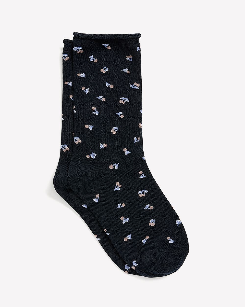 Navy Rolled-Edge Crew Socks with Cherry Print