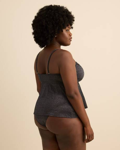 Tankini &eacute;vas&eacute; noir scintillant avec encolure fronc&eacute;e &agrave; cordon