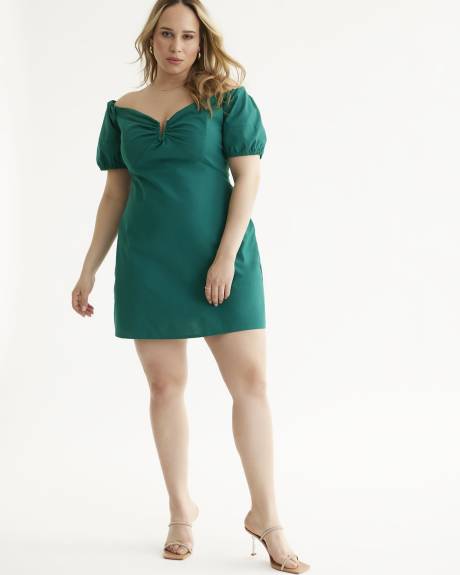 Blue-Green Off-the-Shoulder Sweet Paradise Linen Dress - City Chic