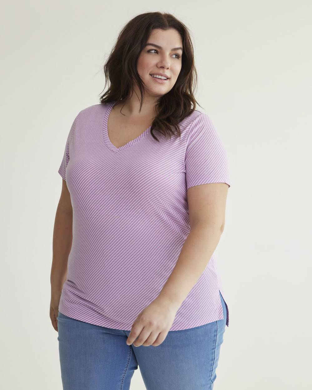 T-shirt long imprimé en mélange de lin avec encolure en V