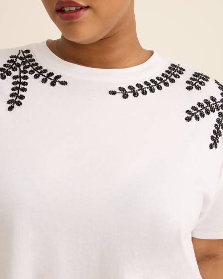 Crewneck Knit Top with Leaf Rhinestone Embellishment