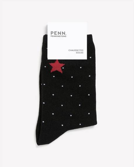 Black Dotted Crew Socks with Star