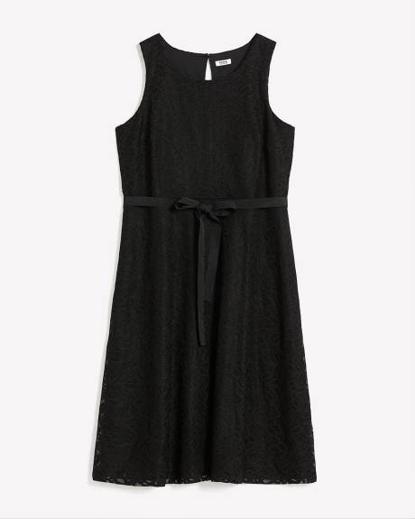 Sleeveless Knit Lace Dress with Sash Belt
