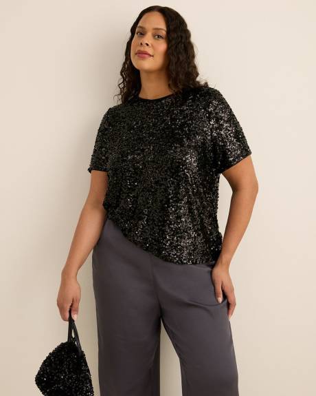 Short-Sleeve Sequins Crewneck Top