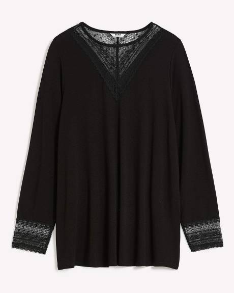 Responsible, Black Ribbed Knit Top with Lace Yoke